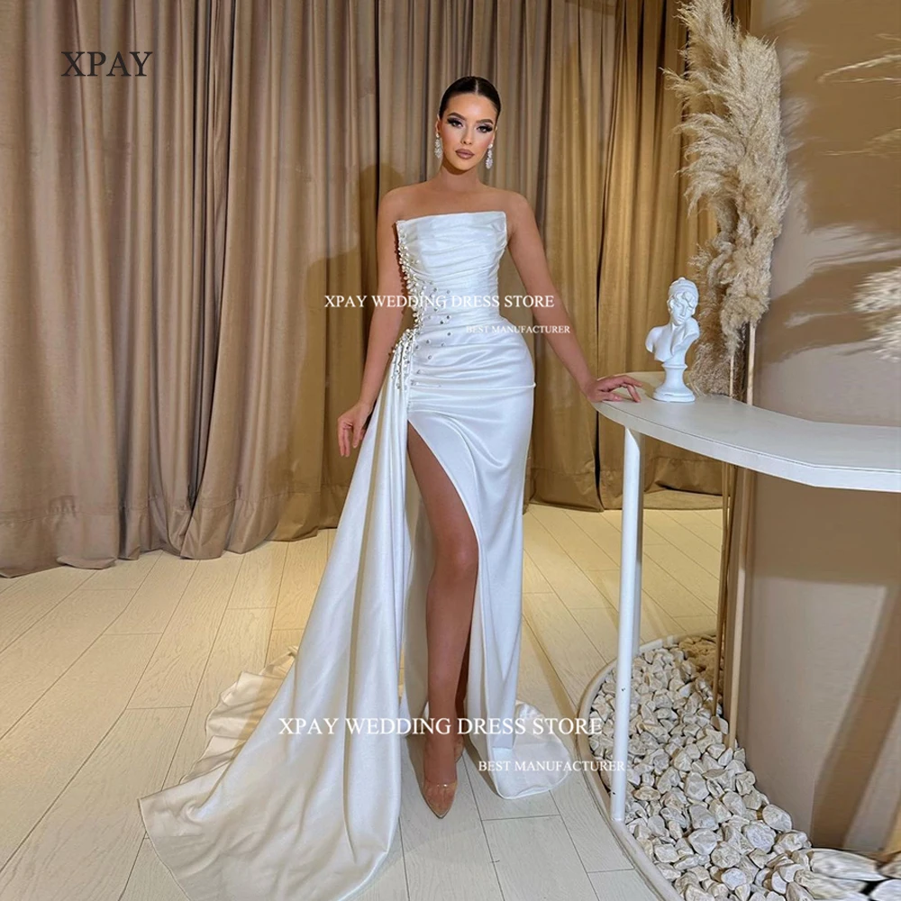 XPAY Sexy Strapless Evening Dresses Pearl Dubai Arabic Women Split Sexy Prom Gown Wedding Dress Customized Formal Occasion Dress