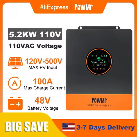 PowMr 5KW Split Phase Inverter 48V 110V Off Grid Pure Sine Wave Hybrid Solar Inverter with MPPT 100A Solar Battery Charger