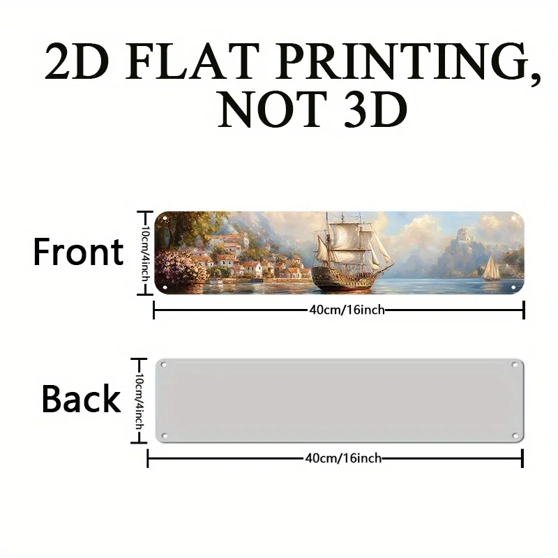 2D Flat,Aluminum Wall Art - Majestic Sailboat with Sails in a Serene Harbor, Coastal Landscape with Red-Roofed Buildings