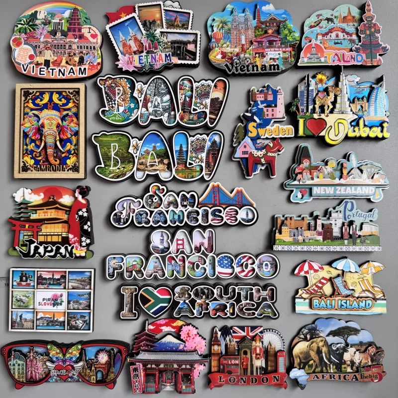 wood fridge magnets travel gifts Vietnam Thailand Bali Slovenia South Africa Cambodia Portugal Brazil Indonesia Mexico Japan USA
