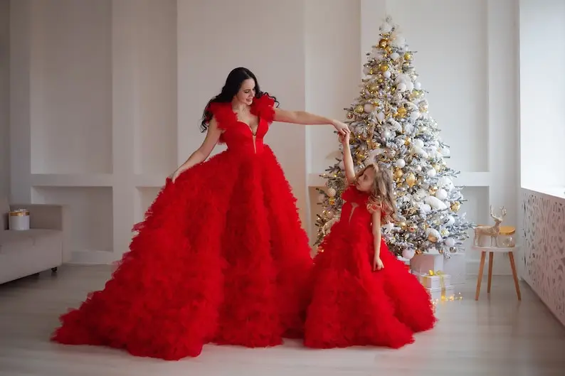 Red Gorgeous Ball Gown Evening Dresses For Family Portrait Photography Mommy and Me Matching Dresses Mother Daughter Party Gown