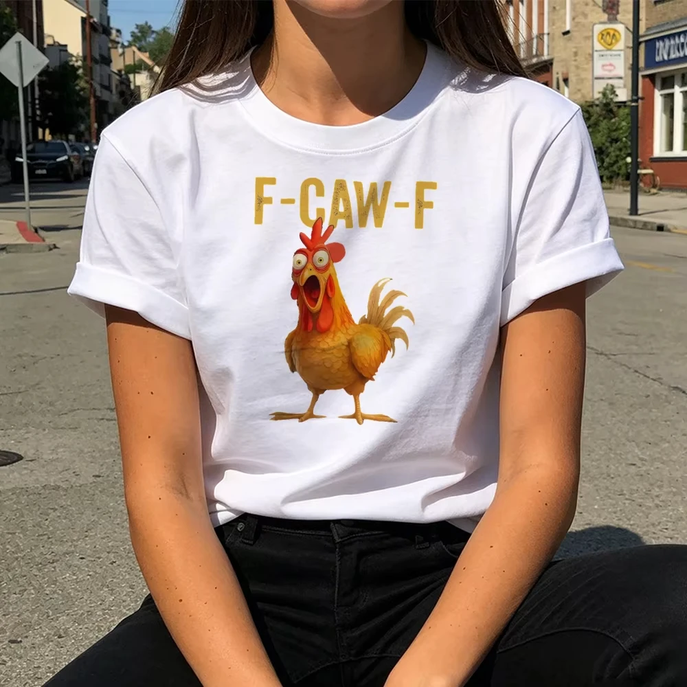 Novelty F-CAW-F Pun Screaming Rooster Graphic T-Shirt Women Cotton Short Sleeve Tops Funny Farm Chicken Lover Casual Humor Gift