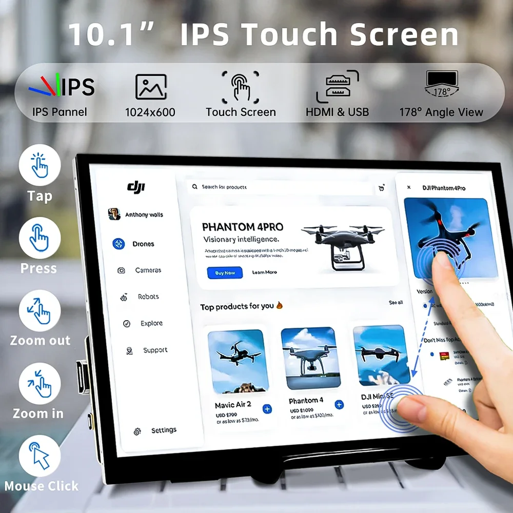

10.1 Inch Portable Monitor Touch Screen Monitor Laptop Second Screen Gaming Extended Display 1024*600 IPS For Raspberry Pi 3 4