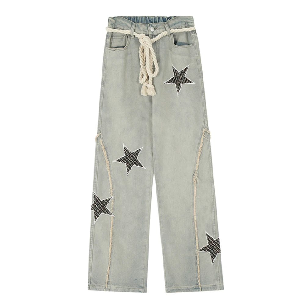 High Quality China-Chic Original Star Embroidery Washed and Worn Jeans Men's Women's Fashionable Straight Trousers Raw Edges Y2k