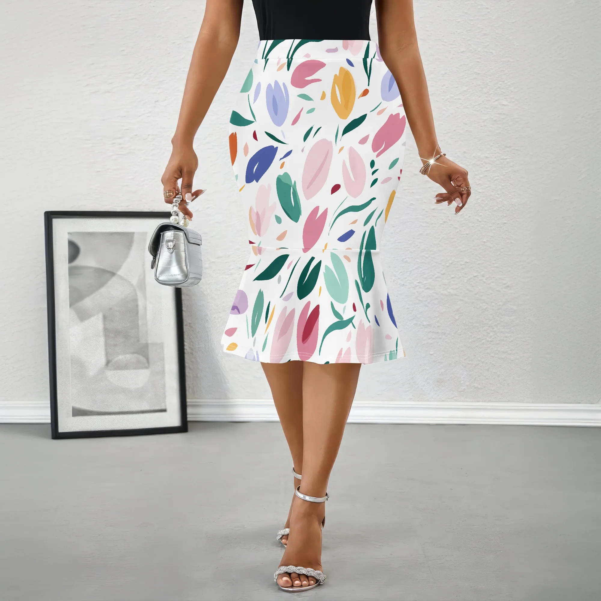 Colorful Floral Print, Midi Skirt, Abstract Tulip Pattern, Mermaid Hemline, Office Wear, S-2XL