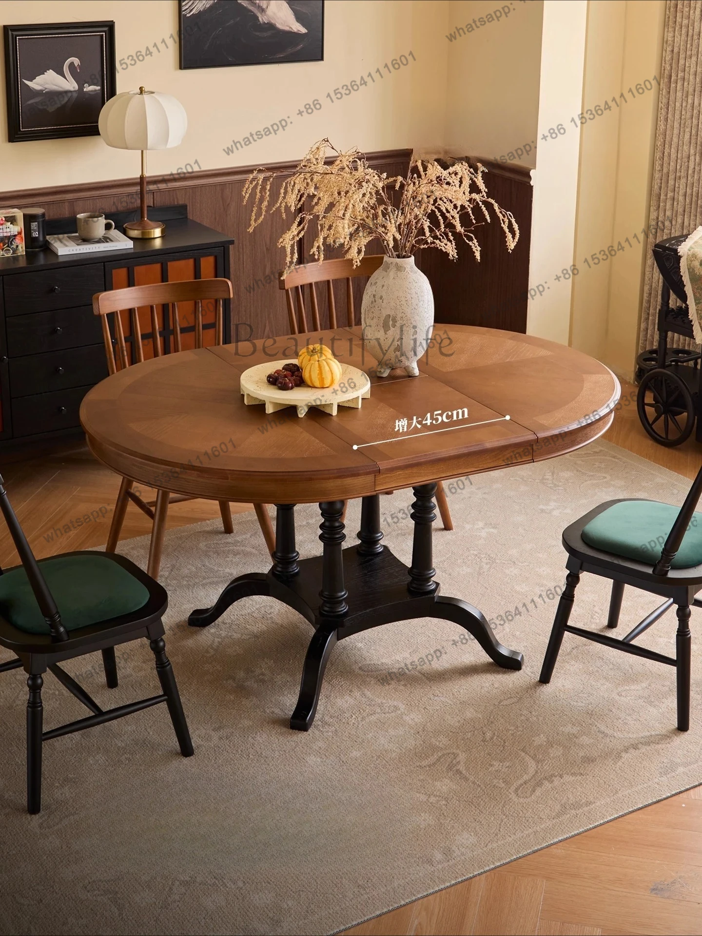 yj58 French retro home solid wood retractable dining table and chairs American medieval style living room small apartment foldab