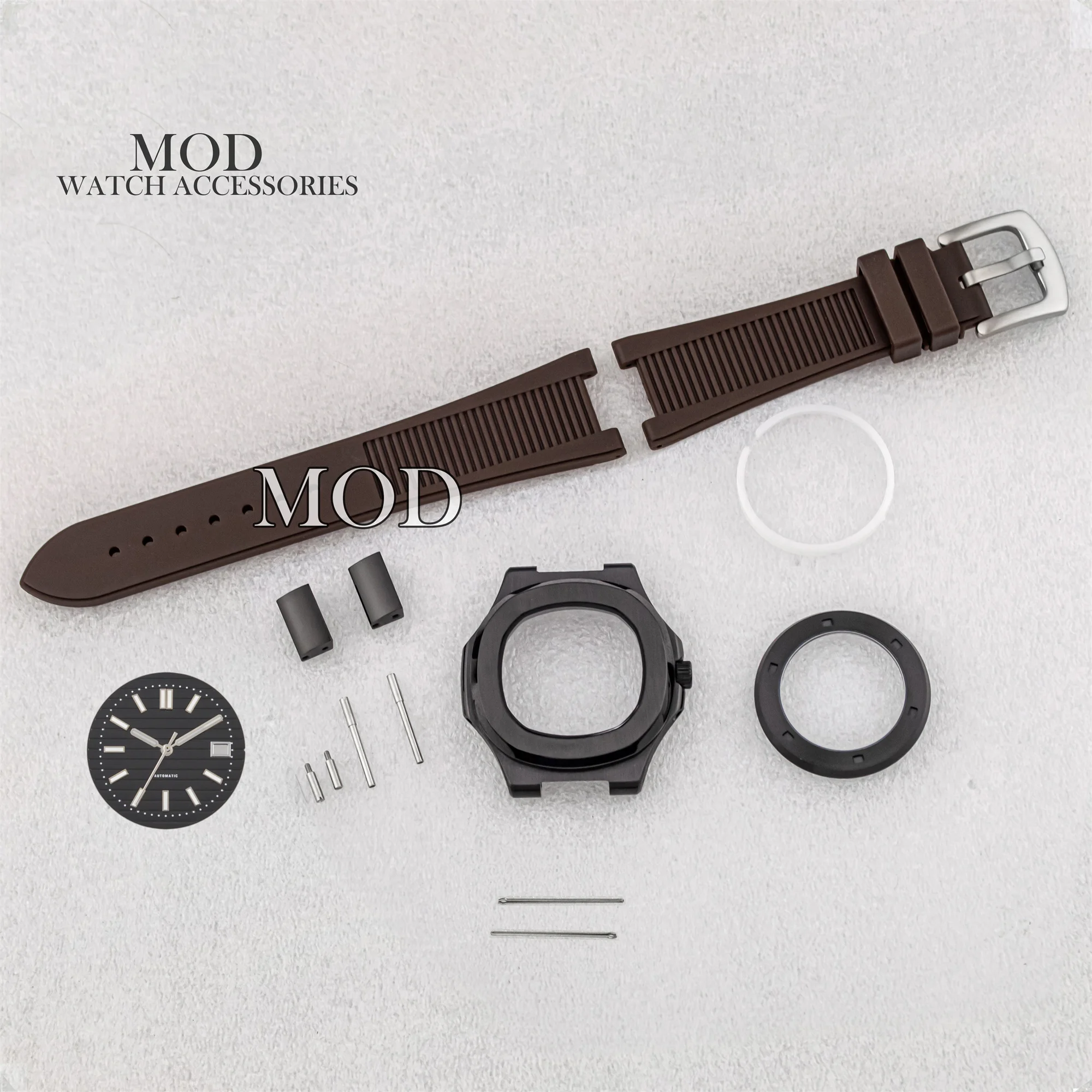 41mm NH35 Case Rubber Bracelet PVD Black Stainless Steel Watch Case Green Luminous Dial Hands Fit Nautilus NH35 Movement Parts