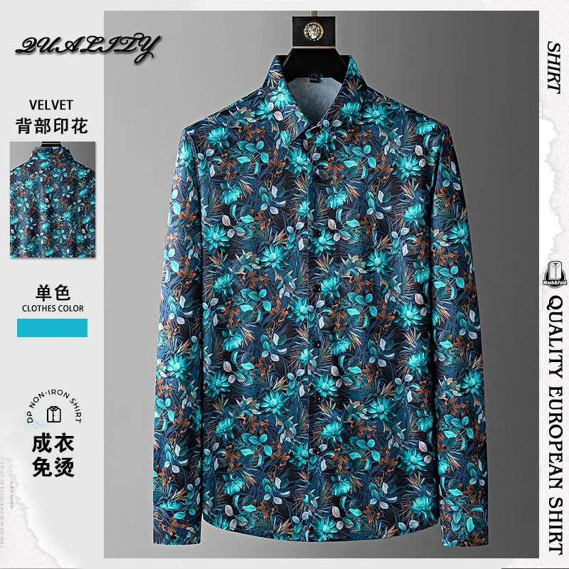 

Light Luxury High Quality Men's Shirt Slim Fit Edition Non ironing Flower Shirt Fashion Printed Long sleeved Shirt