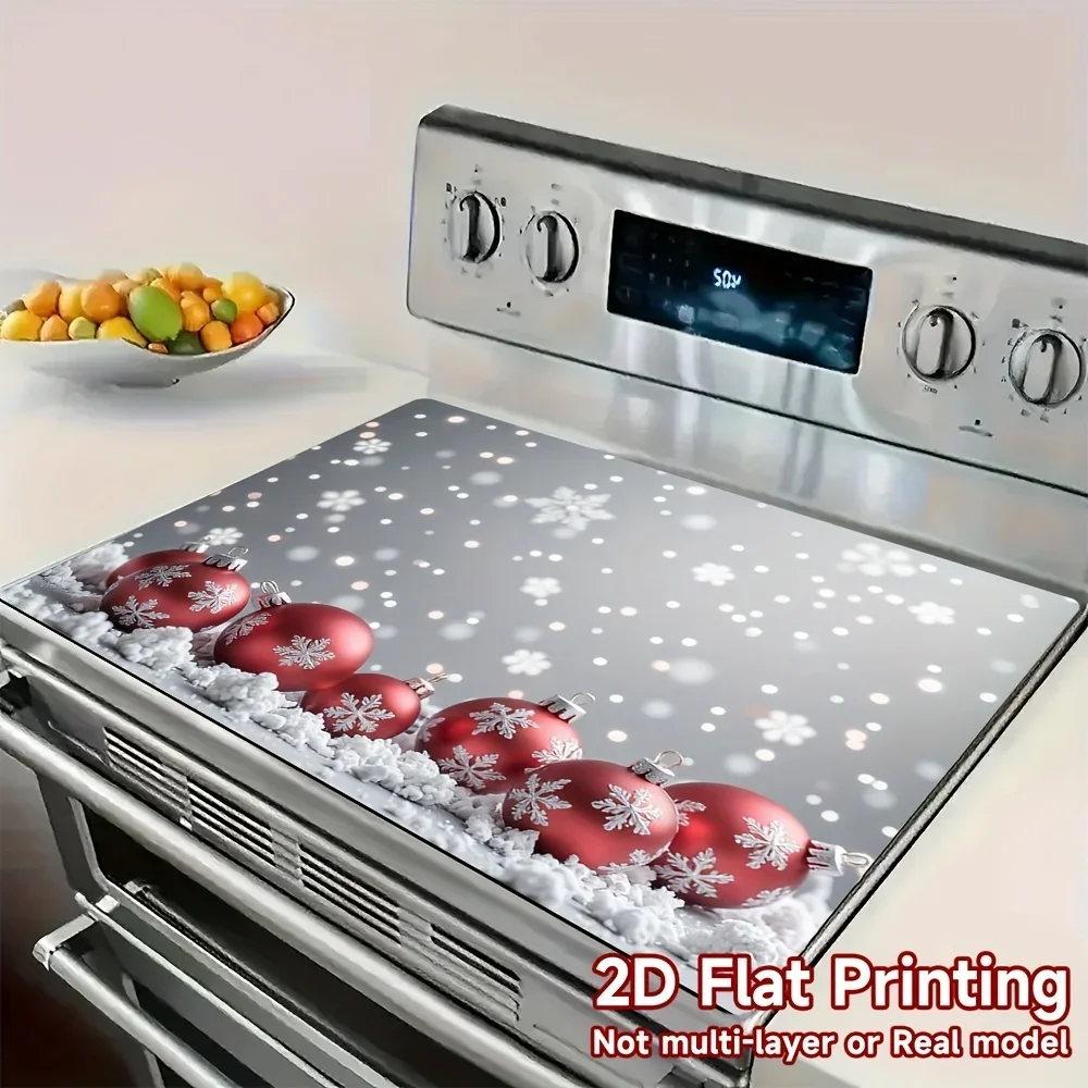 Red Christmas Baubles Snowflake Grey Background Stove Top Cover, Non‑Slip Heat Resistant Mat,Easy Clean Decor Electric Gas Stove