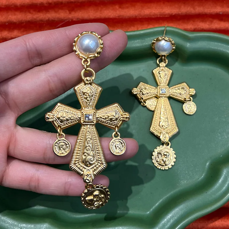 Vintage Baroque Cross Drop Earrings Gold Plated Imitation Pearl Relief Coin Charms Retro Women Shoulder Duster Ear Jewelry