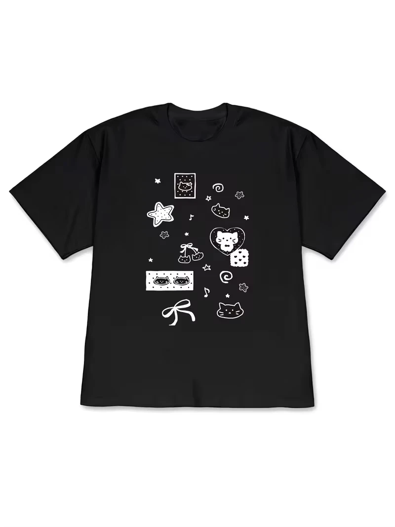 Dot Bow Cat T-shirt Korean Hand Drawn Printed Short Sleeved Shirt Women Round Neck Daily Cute Daily Summer Comfortable Y2k Tops