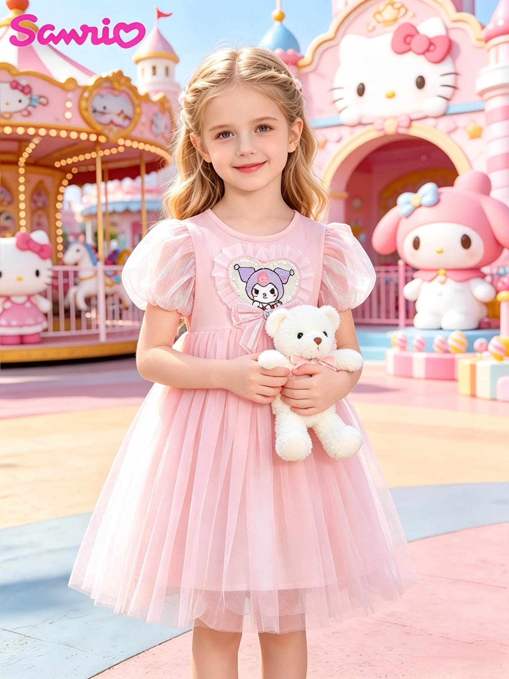 Pink Kuromi Girls' Puff Sleeve Princess Dress with Heart Bows, Multi-Layer Soft Tulle Fluffy Dress