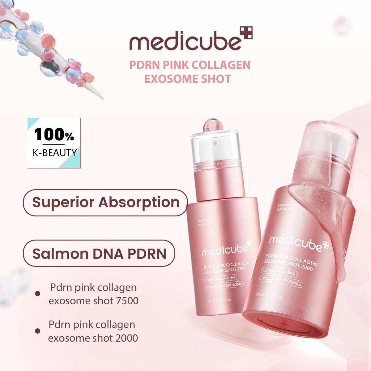 Medicube PDRN Pink Collagen Exosome Shot, Absorção Rápida, Proporciona Hidratação Duradoura, Cuidados com a Pele Coreanos, Maquiagem Coreana