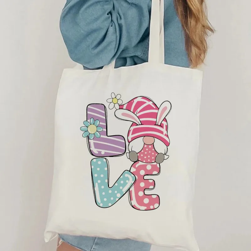 Easter Gnome Rabbit Love Canvas Tote Bag, Large Capacity Shoulder Handbag for Shopping, Books & Cosmetic