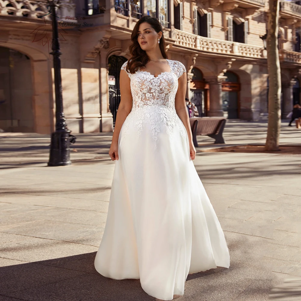 

Classic A-Line Wedding Dresses Plus Size V-Neck Cap Sleeves Illusion Bride Gowns Appliques Sweep Train Vestidos De Novia 2024