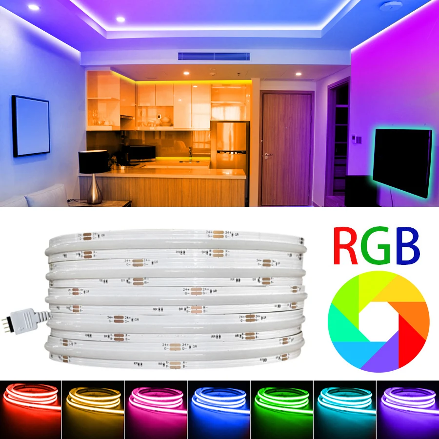 COB RGB LED Strip Lights for Wall Room Decor Waterproof IP67 840LED DC 24V 12V Flexible Ribbon RGB Tape 10m