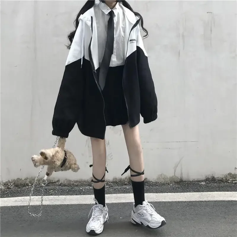 Deeptown Harajuku Fashion Zipper Hooded Jacket Women Oversized Varsity Jackets Japanese Female College Coats Korean Streetwear