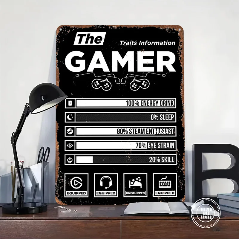 Gamer Traits Infographic Tin Plaque Poster Customized Wall Art Retro Vintage Metal Signs for Man Cave Desk Decor Decoration Home
