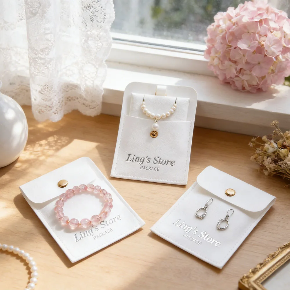 

20/50/100Set Personalized 8x8cm Elegant Jewelry Snap Bag Microfiber Velvet Suede Gift Packaging Button Pouches Insert 6x6cm Card