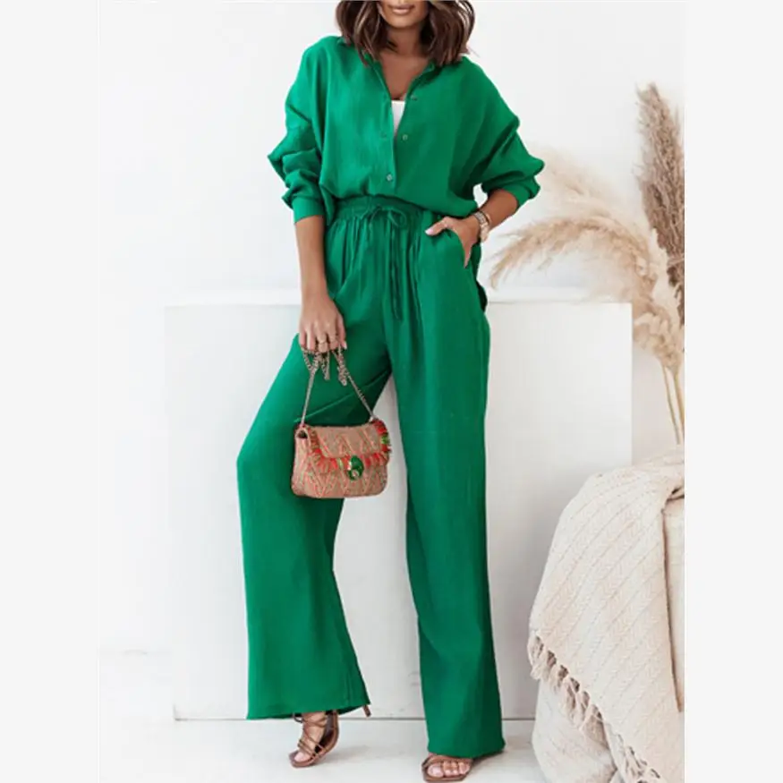 

Autumn Winter Loose Elastic Pleated Collar Long Sve irt Wide Leg Pants Casual Two Piece Set Women's Faion Polyester