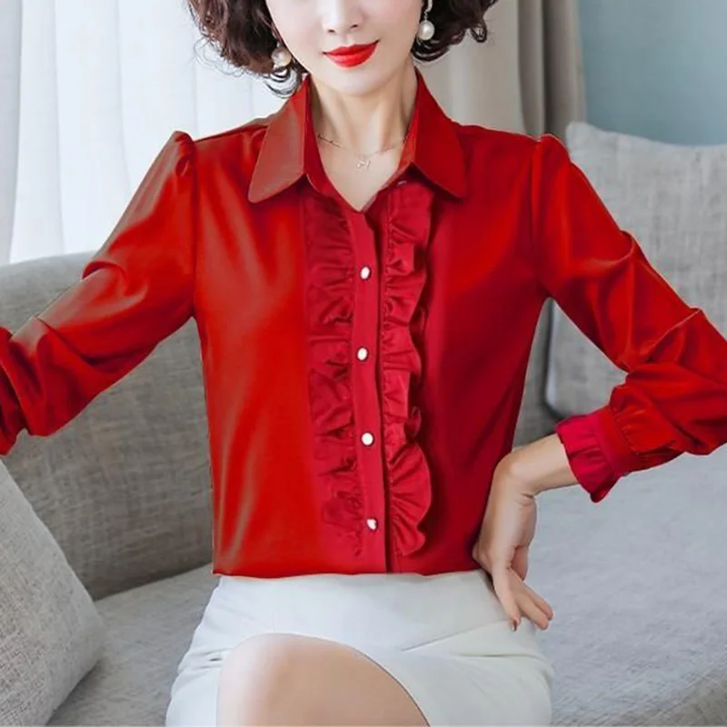 Elegant Lapel Button Spliced Solid Color Ruffles Shirt Women's Clothing 2023 Autumn New Casual Tops Loose Office Lady Blouse