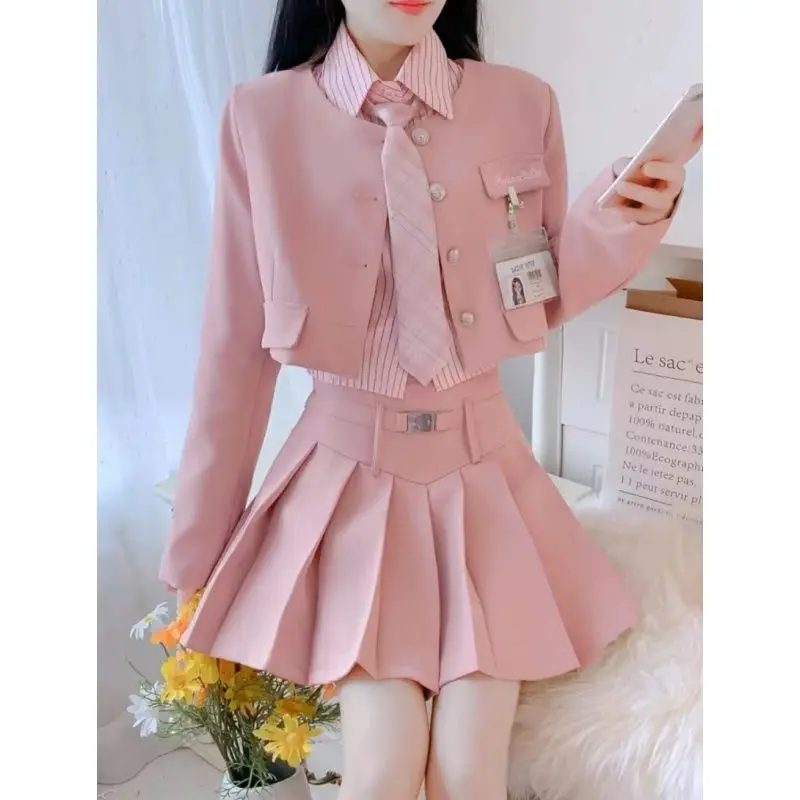 Korean College Style JK Suit Skirt Suit Jacket Shirt High Waist Pleated Skirt Four Piece Set