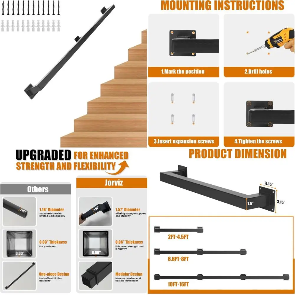 درابزين درج فولاذي معدني مثبت على الحائط غير قابل للانزلاق، درابزين درج مربع بطول 6.6 قدم للخطوات الداخلية والخارجية، أمان متين