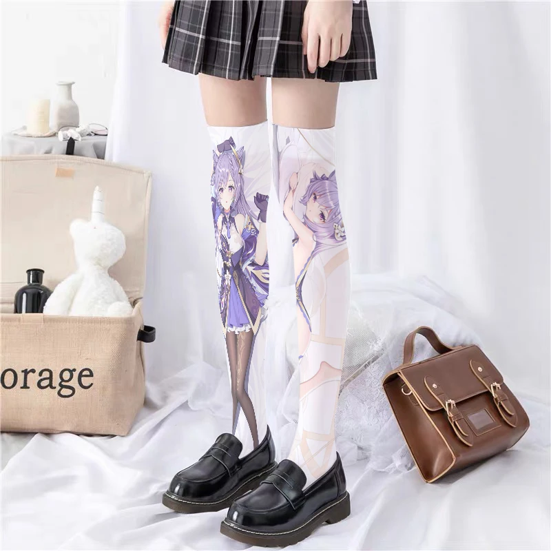 Two-Dimensional Anime Girl Stockings Funny Cartoon 3D Printing Yuanshen Pattern Sexy Long Tube, Personality Stockings, Cosplay