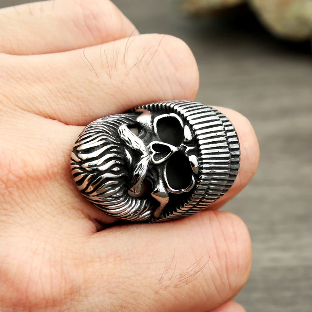 Retro Gothic Hat Big Beard Skull Ring For Men Boys Stainless Steel Punk Street Biker Skull Rings Fashion Jewelry Gift Wholesale