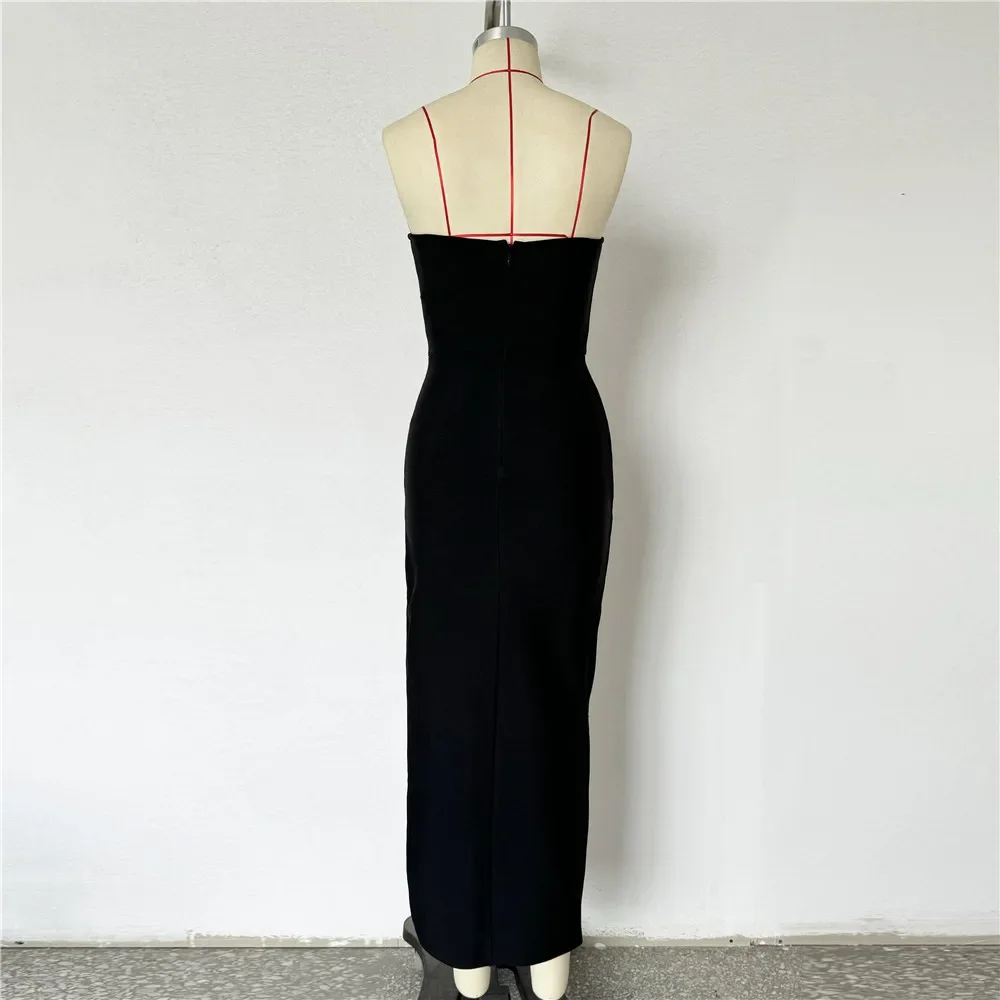 Women Sexy Strapless Golden Crystal Bodycon Long Bandage Dress Fashion Celebrate Evening Party Birthday Photo Shot Wear