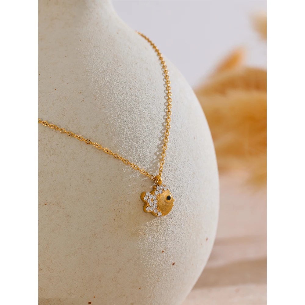 Yhpup Arrivals Stainless Steel Inlaid Cubic Zirconia Fish Necklace for Women Cute Charm Pendant Delicate Stylish Jewelry