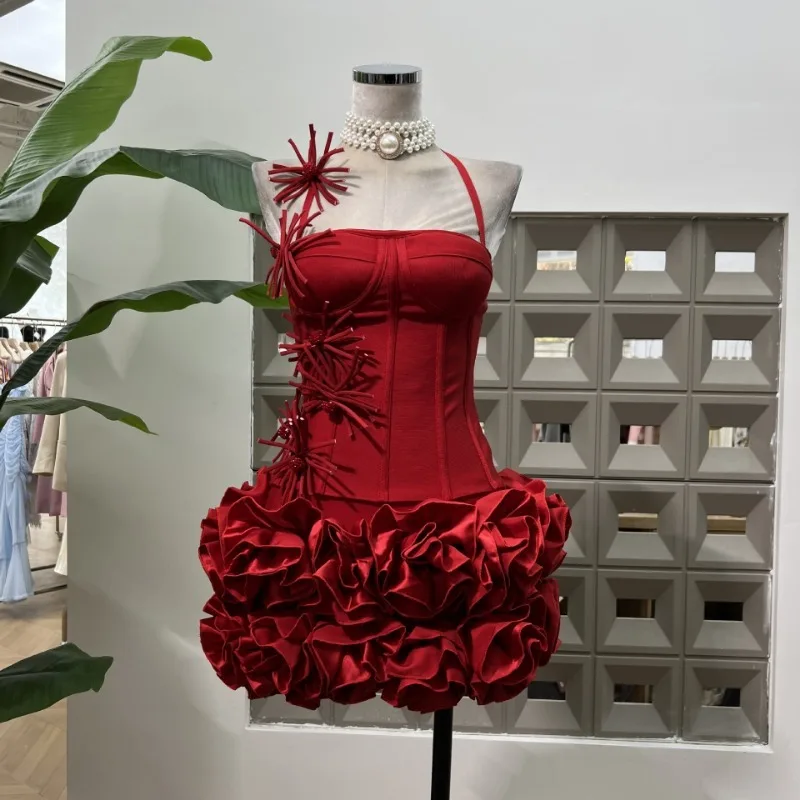 Conjunto de Dos Piezas Sexy con Cuello Halter para Fiesta de Graduación, Vestido de Cóctel Elegante para Mujer, Atuendo de Lujo para Fiesta de Cumpleaños, Rojo y Negro