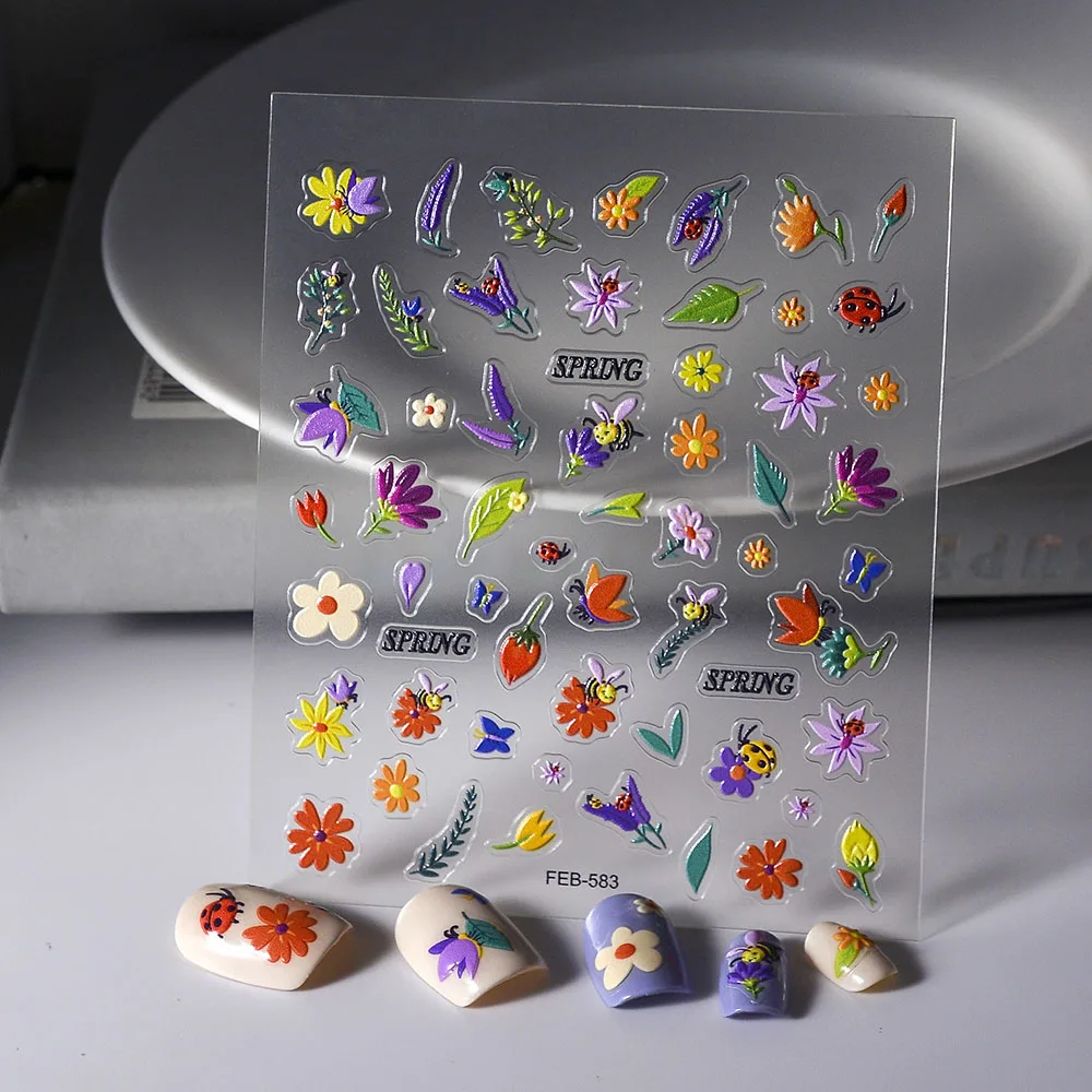 Custom Sticker for Nail Art Suitcase Spring Flower Leaf Adhesive Sliders Decals Elegant Manicure Decoration Accessories FEB-583