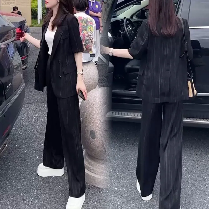 2025 여름 여성 느슨한 짧은 소매 블레이저 넓은 다리 바지 두 조각 세트 Office 레이디 캐주얼 정장 재킷 바지 의상