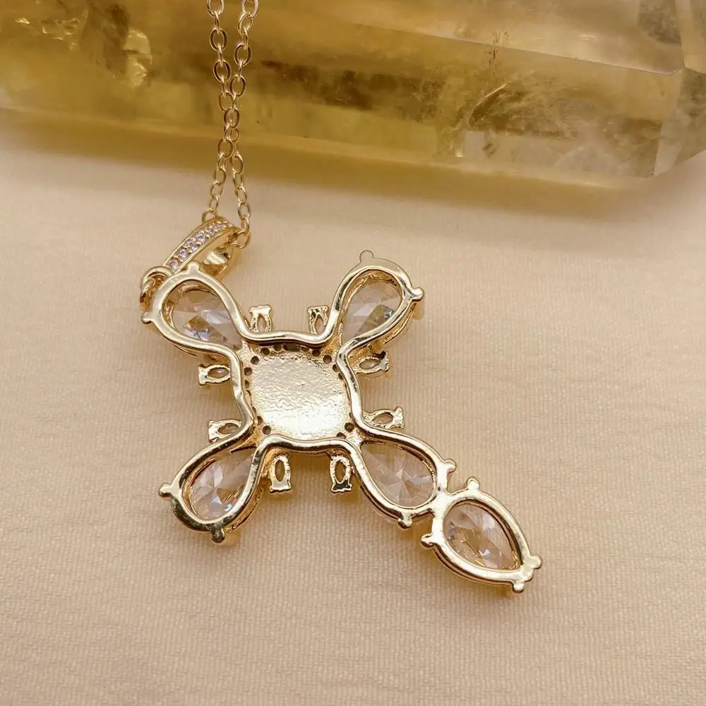Y·YING Virgin Mary Cross Pendant Chain Necklace Mother Shell Pearl CZ