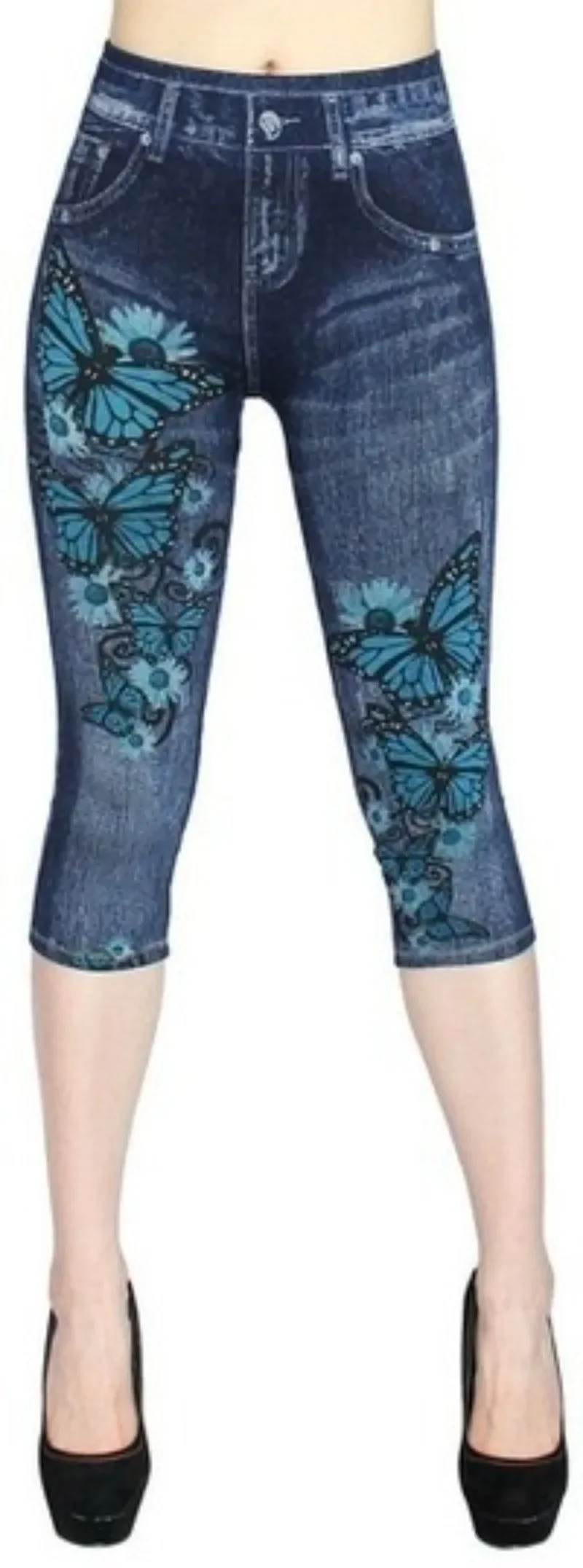 Leggings in denim imitazione finta da donna Pantaloni corti stampati a vita alta Pantaloni sexy slim alla caviglia