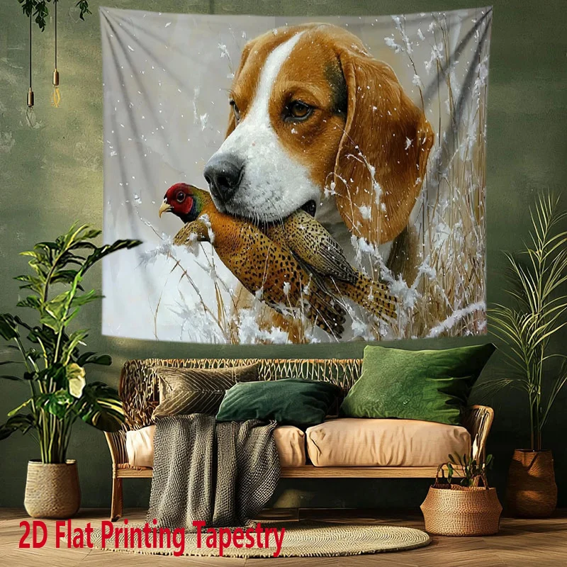 Realistic Beagle Hunting Dog Tapestry, Beagle with Pheasant in Snow Wall Hanging, Hunting Room Decor suitable offices bars party