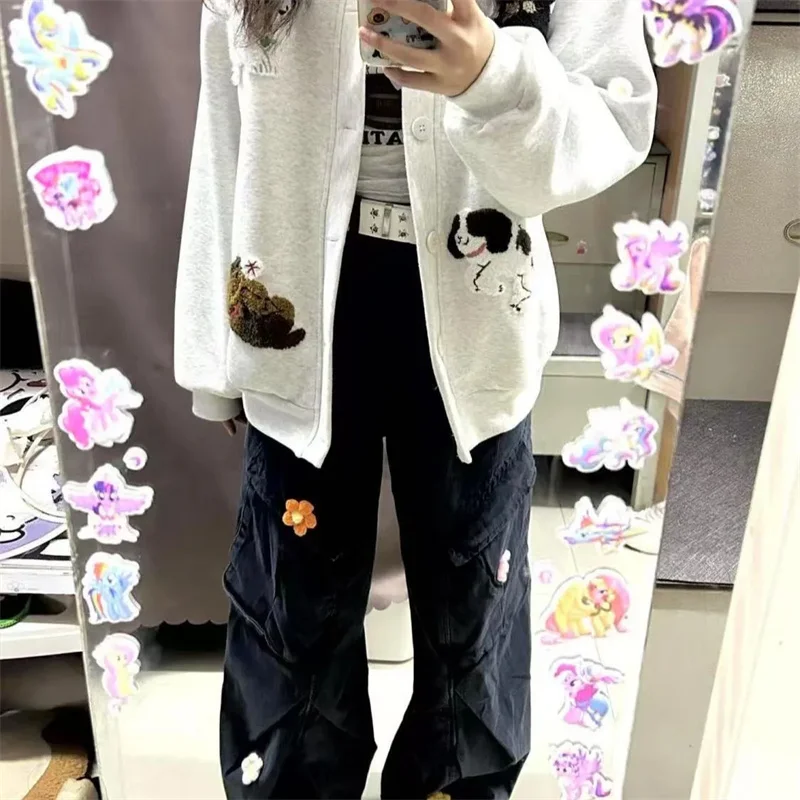 미국 레트로 강아지 타월 자수 가디건 자켓 남녀공용 가을 겨울 신상 만능 커플 루즈핏 후드티