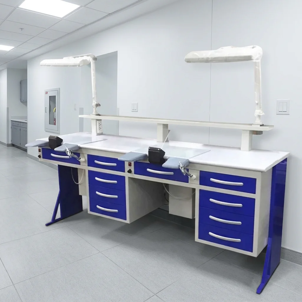 Dental Lab Bench Workstation Magnifying Glass Lamp Two-Person 2.15m CE Certified Cold-rolled Steel 2200W 125kg Load Capacity