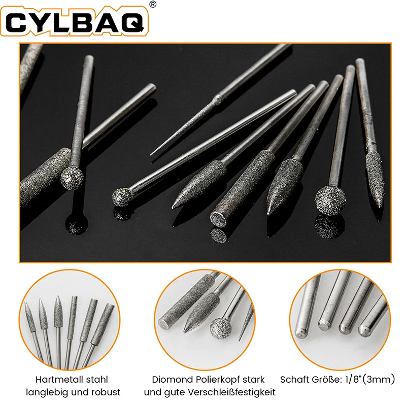 11Pcs Stone Carving Set Diamond Burr Bits 1/8 Inch Shank Polishing Rotary Tools for Grinding Engraving Carving