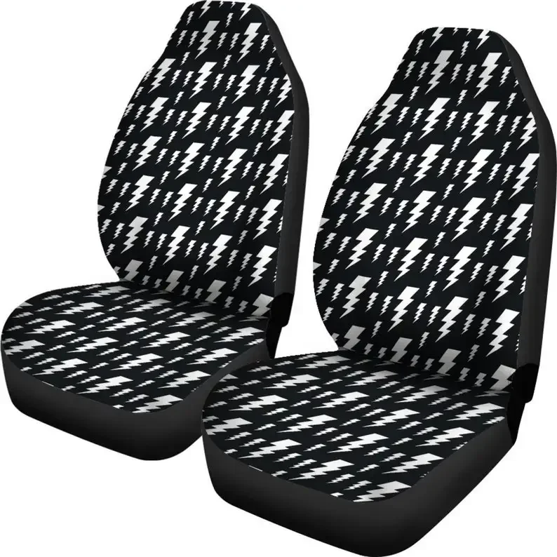 Lightning Bolt Pattern Car Seat Covers Set Black and White Seat Protectors Universal Fit 2 Pack