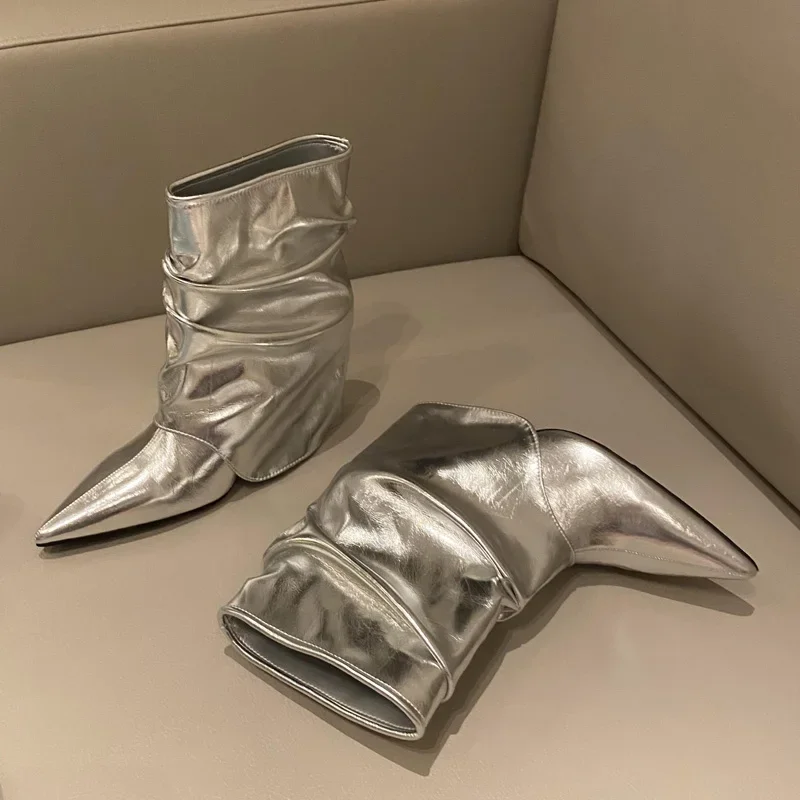 

Aneikeh, осенне-зимняя модная женская обувь на танкетке, плиссированные женские ботильоны с острым носком, женская обувь для банкета и выпускного вечера, Botas Mujer