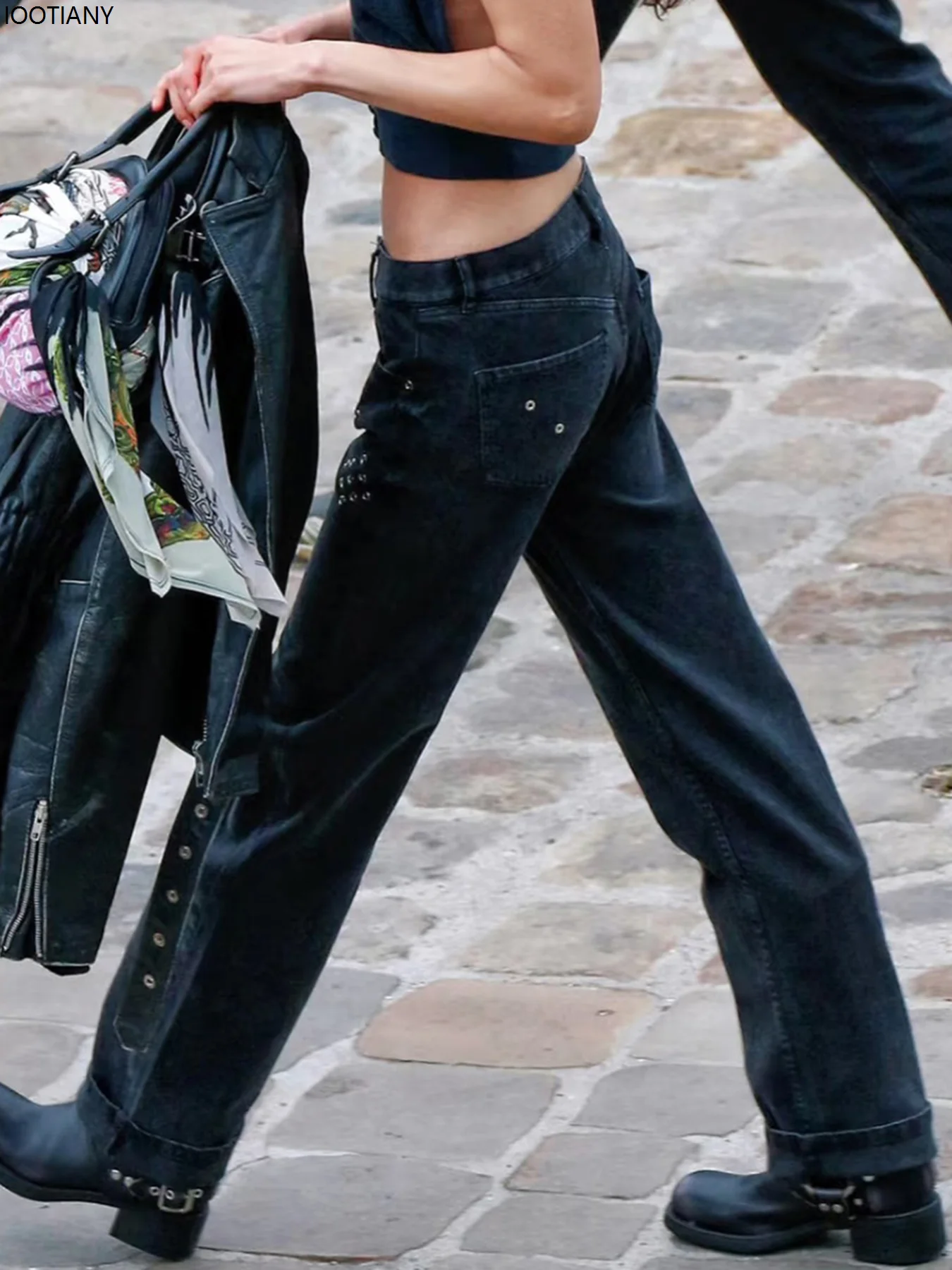 جينز أسود فضفاض مستقيم على الطراز القوطي الشرير جينز فضفاض منخفض الخصر للنساء نمط الشارع Y2k جينز منخفض الخصر نمط هاراجوكو