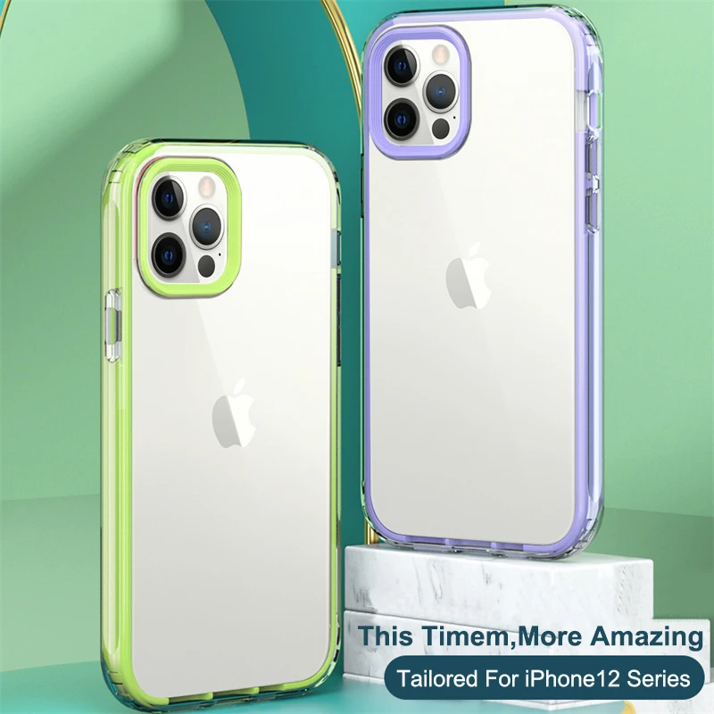 100pcs 2 in 1 Candy Color Bumper Clear Phone Case For Apple iPhone 13 12 Mini 11Pro Max XR XS Max 7 8 Plus Shockproof Back Cover