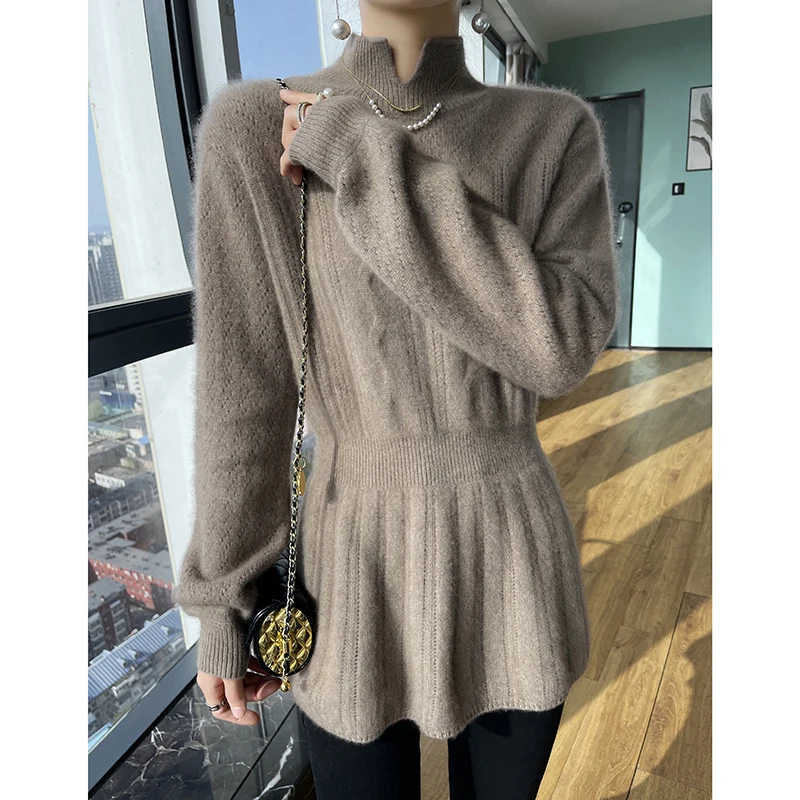 Autumn/Winter Women\'s Knitted Dress 100% Cashmere Long Sweater Fashion High Neck Open Jumper Slim Fit Korean Sweater Skirt