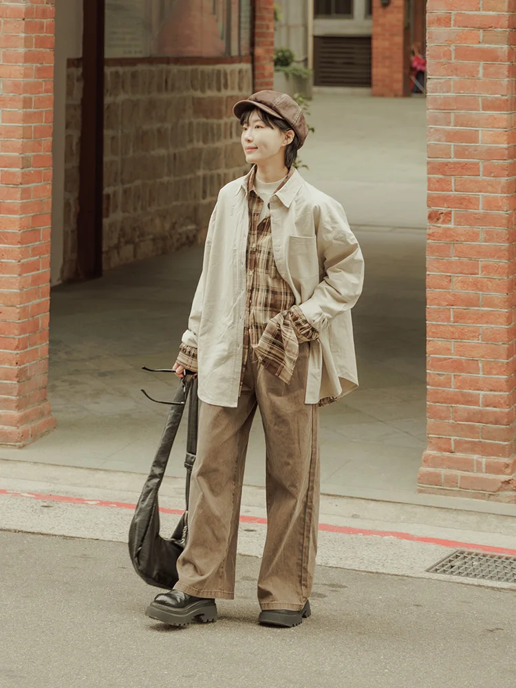 

Queenop Classic Plaid Wide Leg Long Sve irt Women's Casual Loose Fit Cotton irt New Arrival Spring Summer 2026