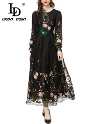 LD LINDA DELLA 2024 Autumn Elegant Pretty Fashion Dress Women's Black Extravagant Embroidery Splice Draped Slim Fit Lace Dress