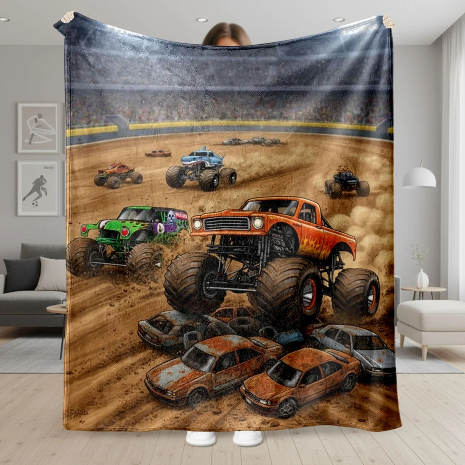 Giant Monster Truck Off Road Race Car Blanket Cozy Throw 150x200cm Automotive Adventure Art Gift Decor
