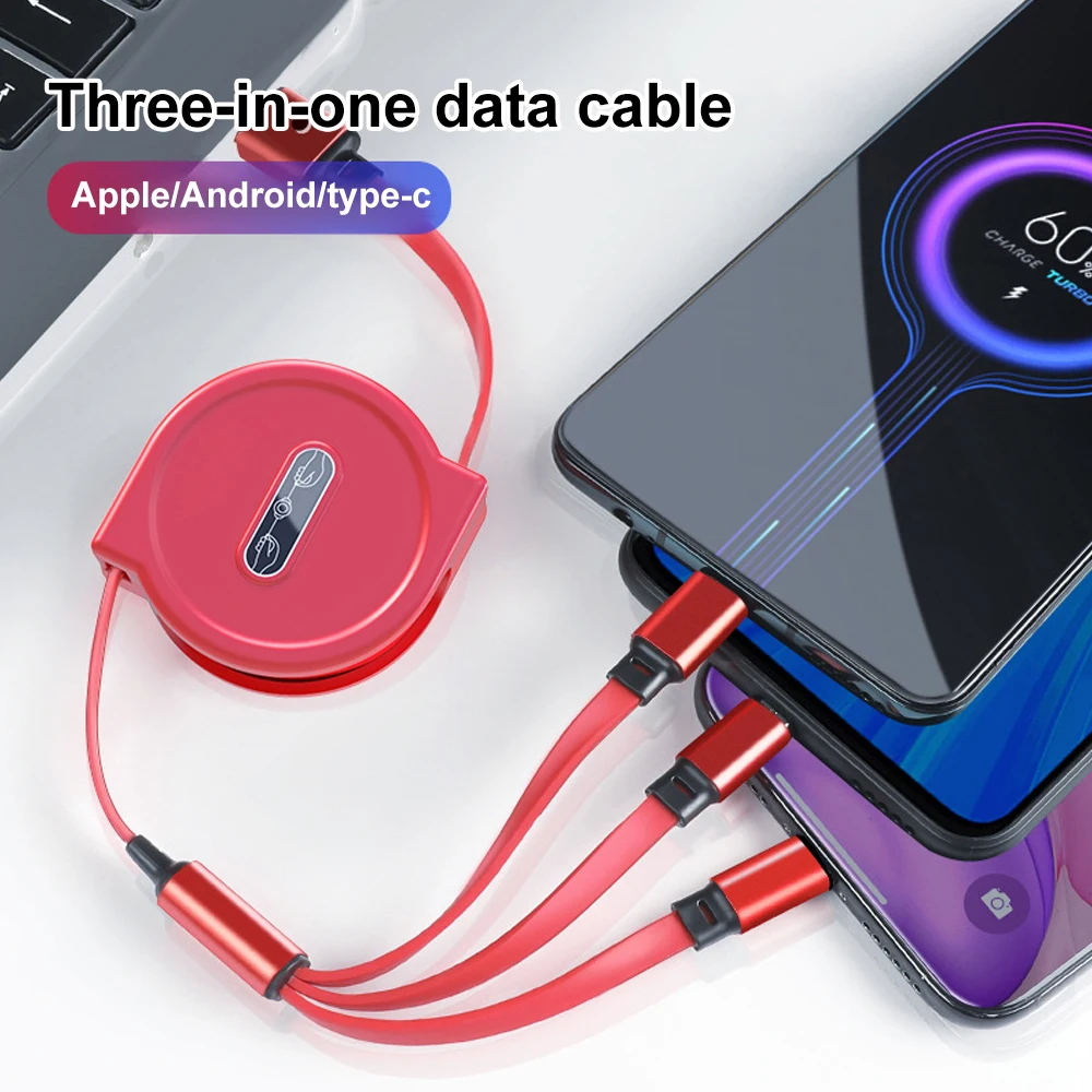 Retractable 3 in 1 Data Line Macaron Color for IPhone14 Xiaomi Macbook HUAWEI Large Round Shell Multifunction USB Charging Cable