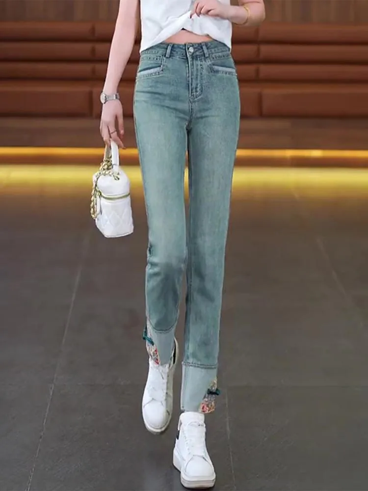 

Прямые джинсы с высокой талией, женские новые китайские джинсы с вышивкой для похудения, голубые летние джинсы из смеси хлопка и полиэстера